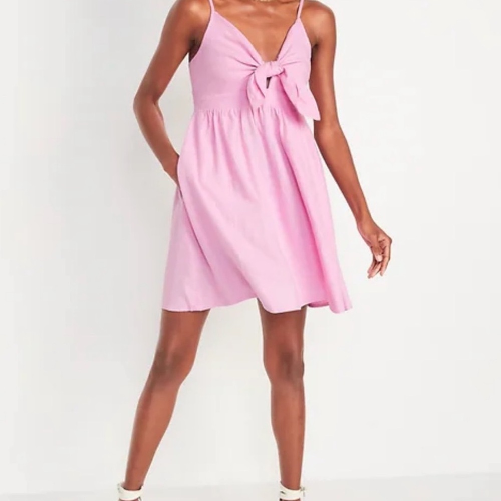 Pink linen front tie dress